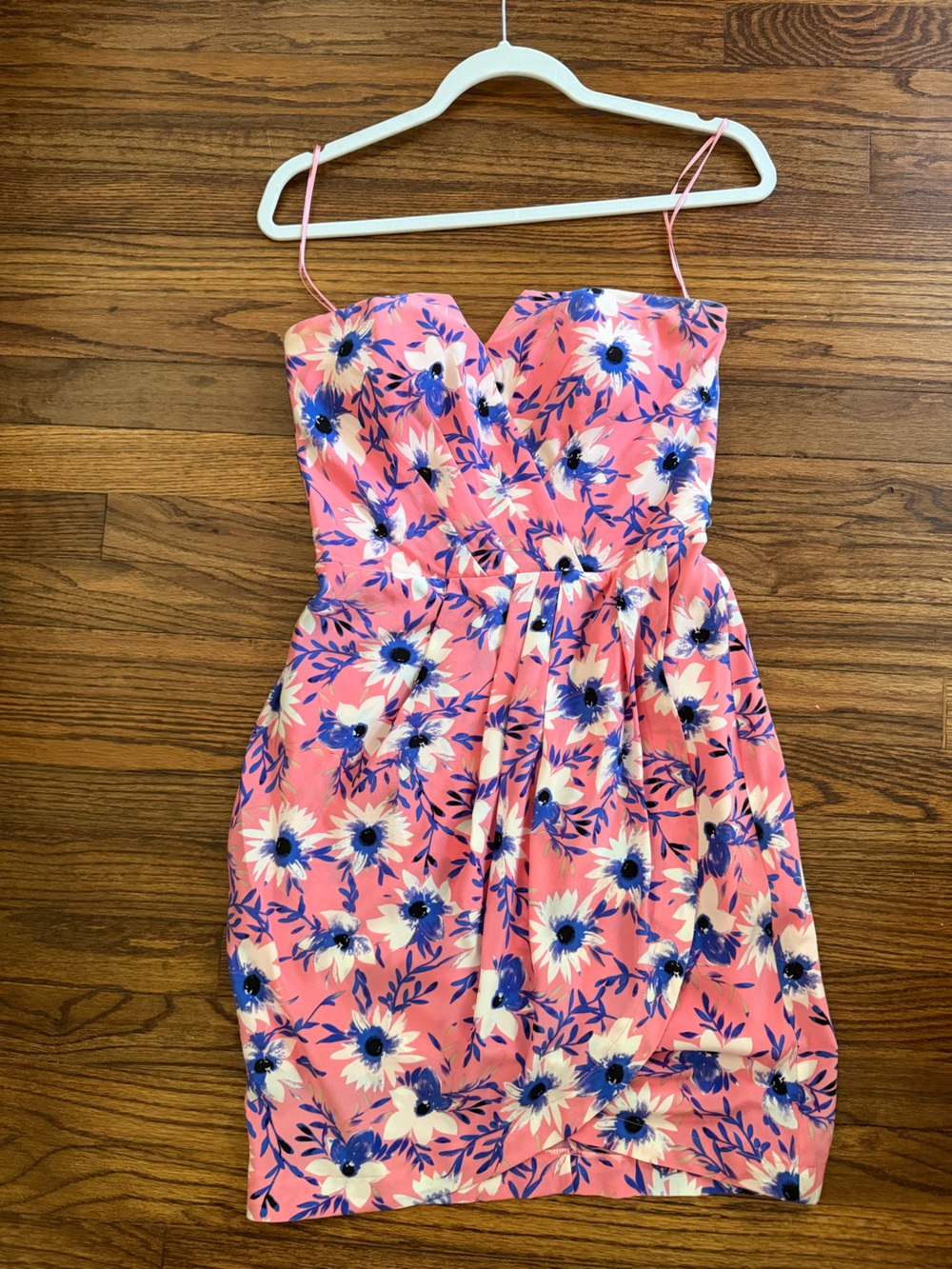 Pink Floral Strapless Dress with Blue and White Blooms